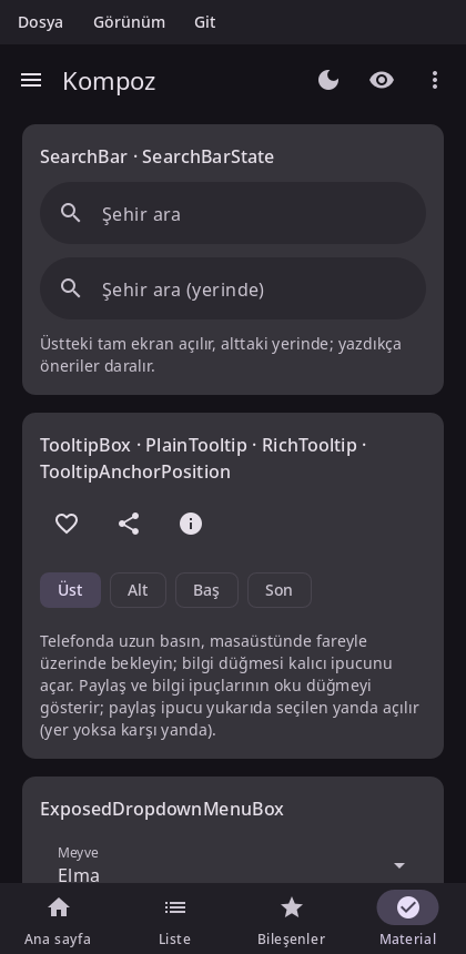 The showcase's Material screen in the dark theme